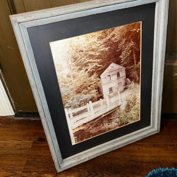 Vintage Rustic Country Mill Print Gray/ Blue Frame W/ Hanger - Picture 6 of 11